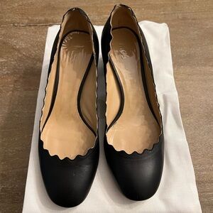 Chloe Lauren Scalloped Leather Block Heel Pump Black 35.5